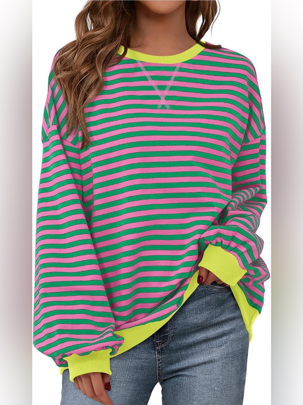 Pink Green Striped Oversized Sweatshirt Neon Yellow XL Free People Style